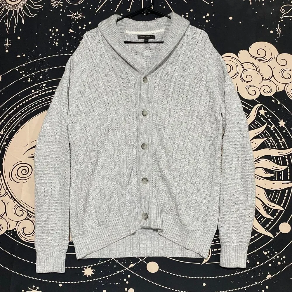 Banana Republic Cardigan Sweater Men's L Gray Cotton Shawl Collar Holiday Preppy